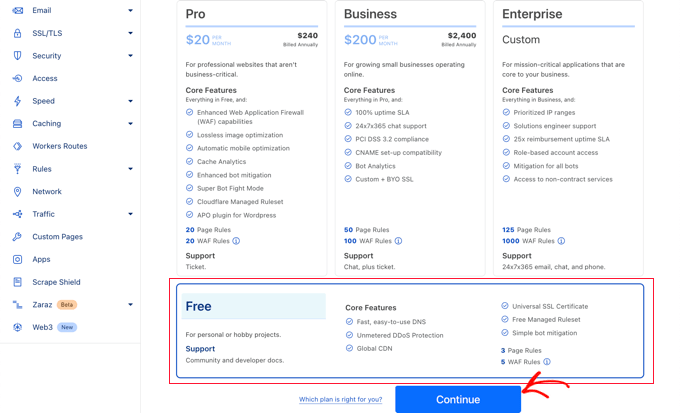 Seleziona il piano gratuito Cloudflare