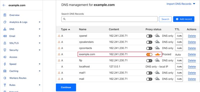 Verifica i record DNS per configurare Cloudflare