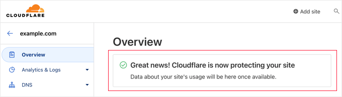 Messaggio di successo di Cloudflare