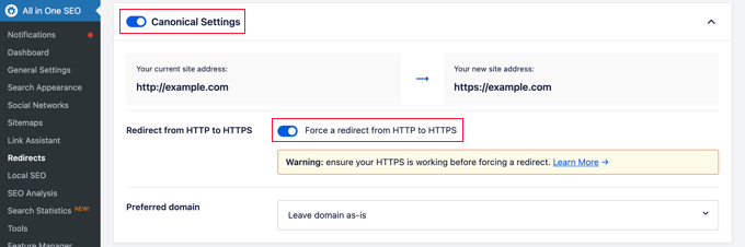 Utilizzo di AIOSEO per forzare HTTPS