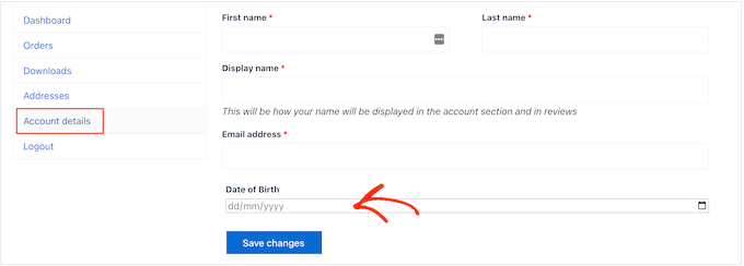 Aggiunta di un campo data di nascita alla pagina Il mio account WooCommerce