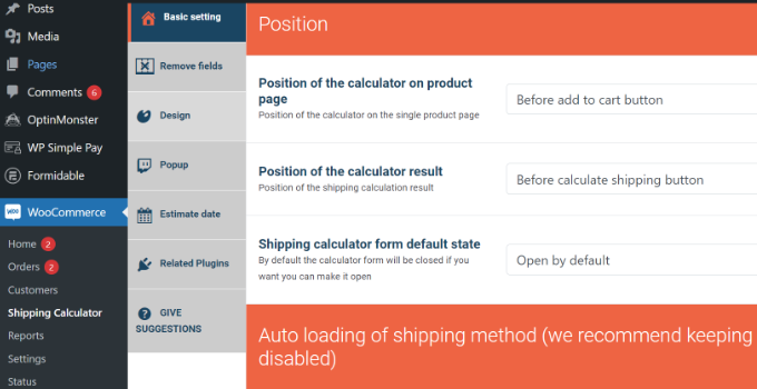 Configura le impostazioni del calcolatore di spedizione