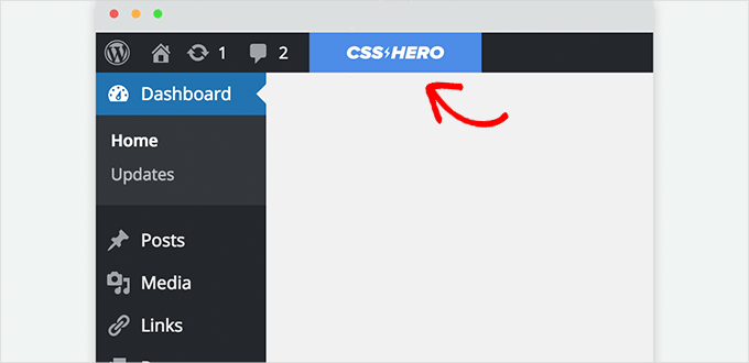 Pulsante CSS Hero nella barra degli strumenti di amministrazione di WordPress