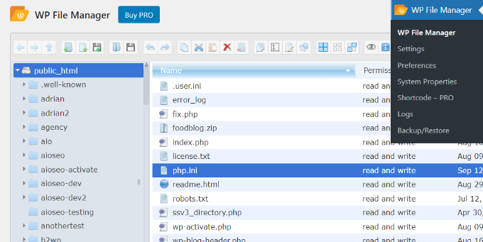 Visualizza il file php.ini nel plugin del file manager