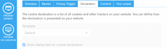 Impostazioni della dichiarazione in Cookiebot