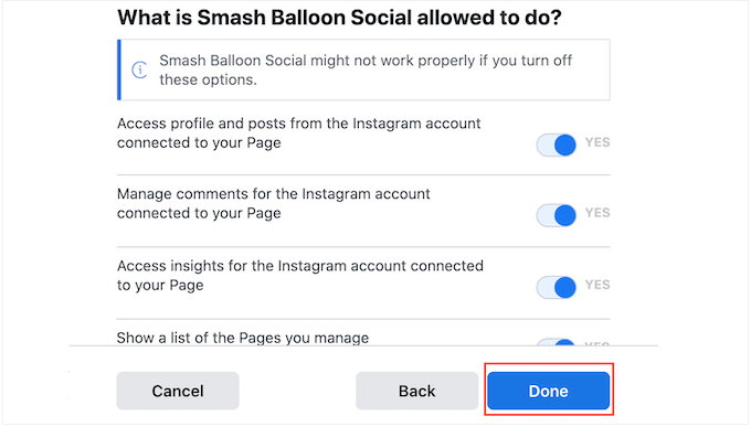 Modifica delle informazioni a cui Smash Balloon può accedere