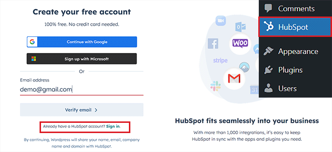 Crea o accedi al tuo account HubSpot