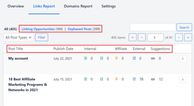 Rapporti sui collegamenti in All in One SEO