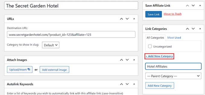 Aggiungi categoria per i link di affiliazione