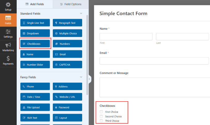 Caselle di controllo in WPForms