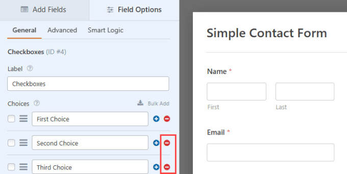 Rimozione delle caselle di controllo in WPForms