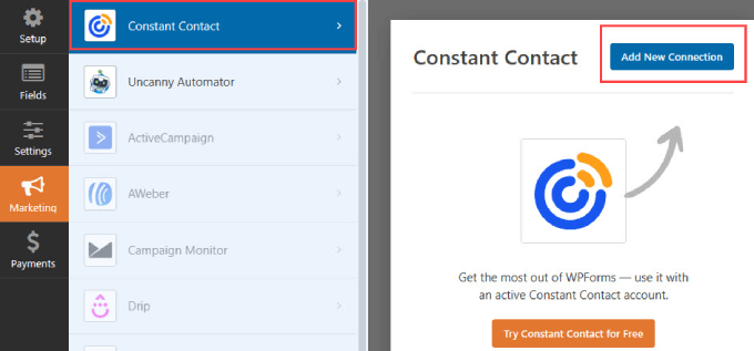 Connessione a Constant Contact in WPForms