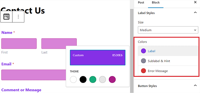 Configura lo stile dell'etichetta