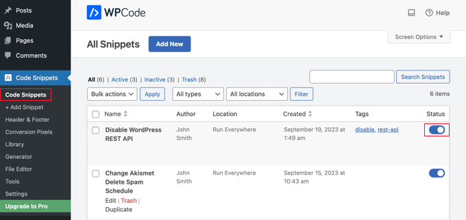 Disattivazione di uno snippet di codice in WPCode