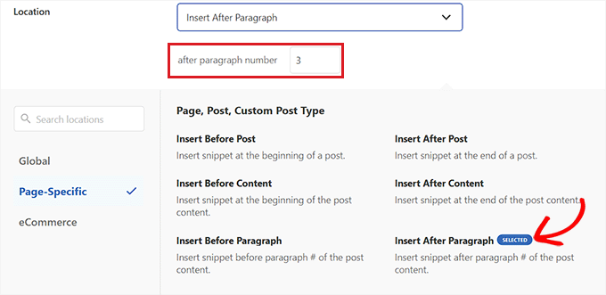 Scegli Inserisci dopo il paragrafo come posizione dello snippet