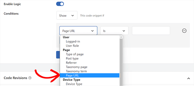 Scegli l'opzione URL della pagina dal menu a discesa a sinistra