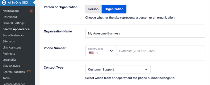 Impostazioni del grafico della conoscenza di AIOSEO