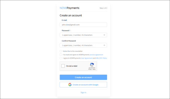 Crea un conto NowPayments