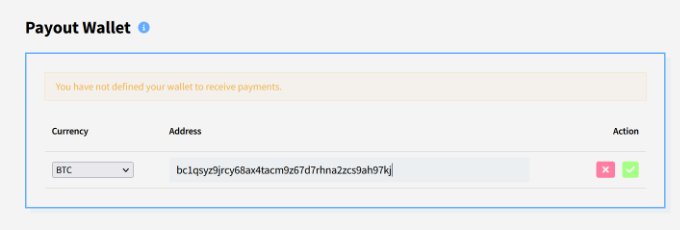 Seleziona BTC e inserisci l'indirizzo del portafoglio