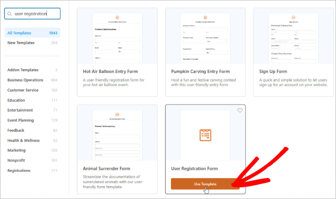 Modello di registrazione utente in WPForms