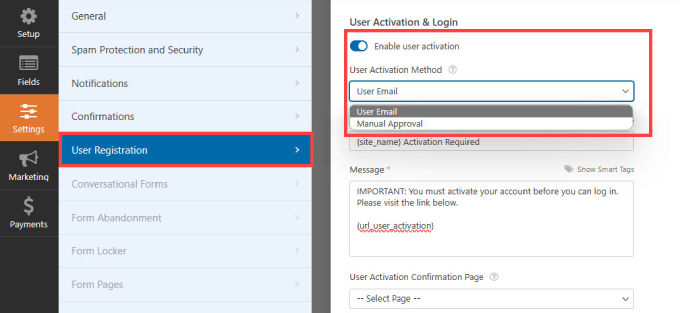 Abilita l'attivazione dell'utente in WPForms