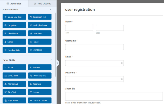 Modulo di registrazione utente nel generatore di moduli WPForms