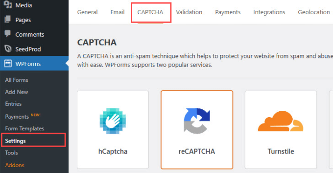 Scheda Captcha in WPForms