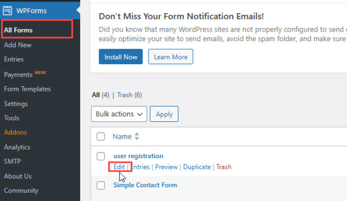 Modifica il modulo di registrazione dell'utente in WPForms