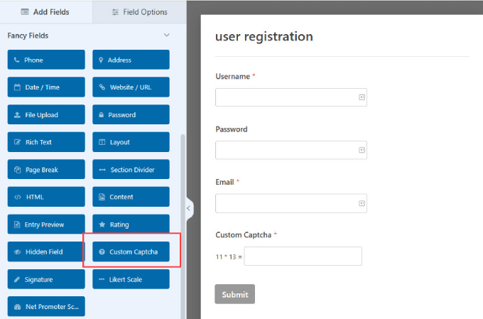 Pulsante captcha personalizzato