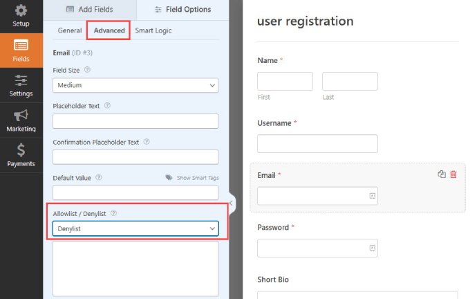 Elenco negati in WPForms