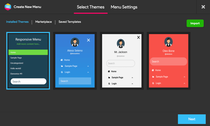 Scegliere un modello per il menu di navigazione