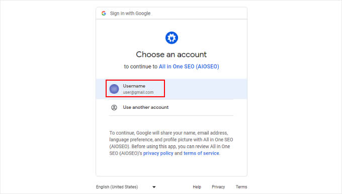 Scegliere un account Google per connettere Google Search Console con AIOSEO