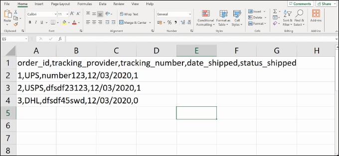 File di esempio CSV del monitoraggio avanzato della spedizione