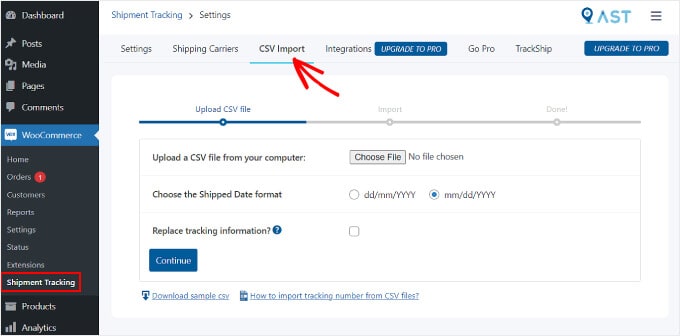 Passando alla scheda Importazione CSV nella pagina del plug-in di monitoraggio avanzato della spedizione