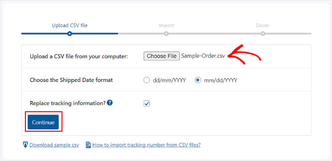 Scelta di un file CSV da importare con il plugin Advanced Shipment Tracking