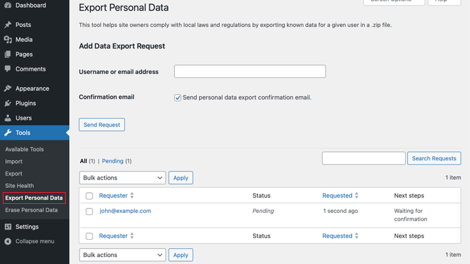 Gestione dei dati WordPress - GDPR