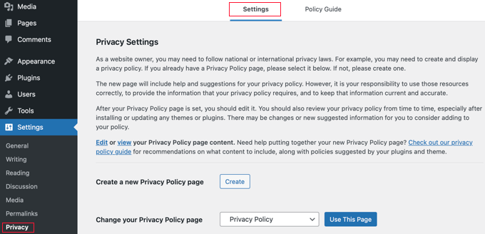 Generatore di norme sulla privacy di WordPress per GDPR