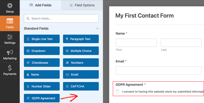 Campi modulo GDPR in WPForms