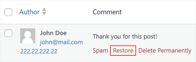 Ripristinare un commento WordPress dal Cestino