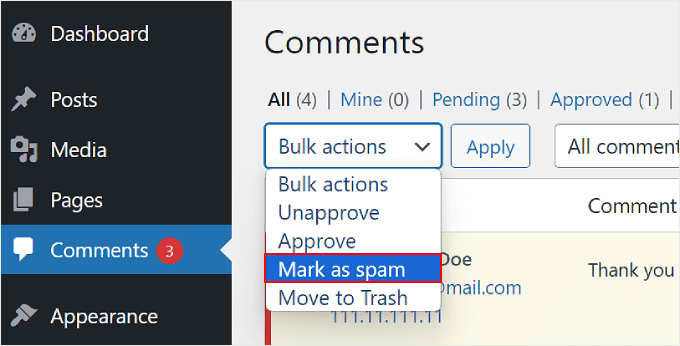 Contrassegnare più commenti come spam utilizzando l'opzione Azione collettiva in WordPress