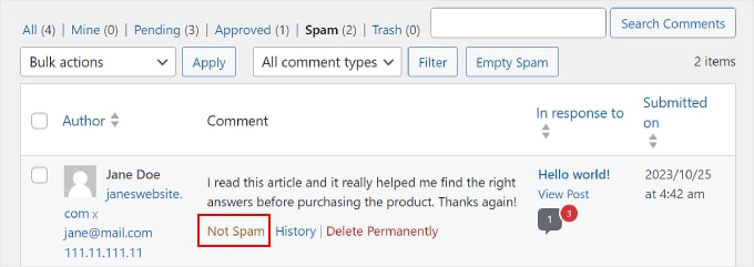 Contrassegnare un commento come Non spam su WordPress