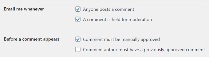 Le impostazioni dei commenti di WordPress "Inviami un'e-mail ogni volta" e "Prima che venga visualizzato un commento".