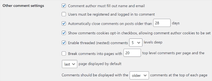 Altre impostazioni dei commenti di WordPress