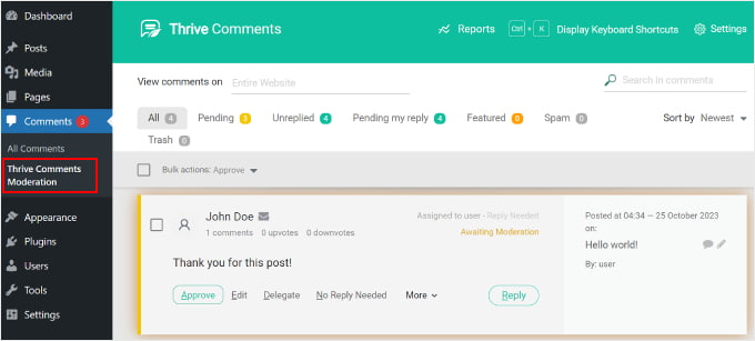 Apertura della pagina di moderazione dei commenti di Thrive su WordPress