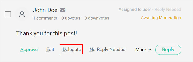 Facendo clic sul pulsante "Delega" su un commento utilizzando il plug-in Thrive Comments