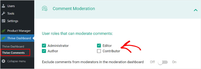 Selezione dei ruoli utente per moderare i commenti utilizzando le impostazioni di moderazione dei commenti di Thrive Comments