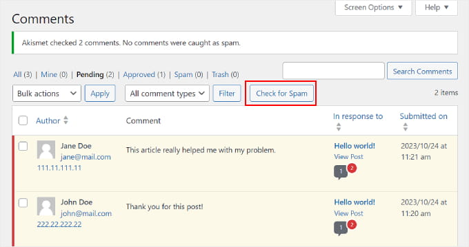 Facendo clic sul pulsante "Verifica spam" nella pagina Commenti di WordPress