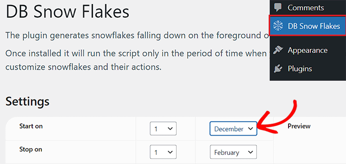 Choose a start and end date for snowflakes
