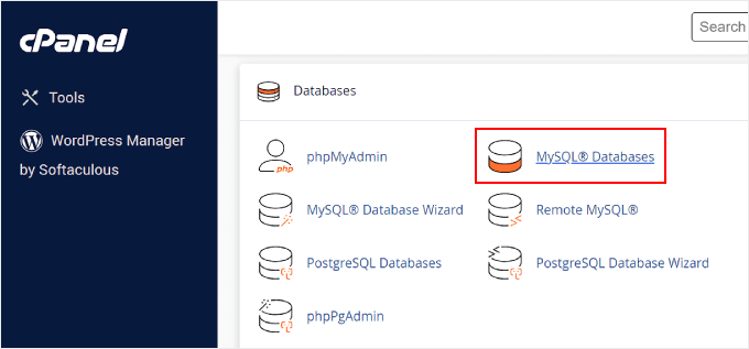 Apertura della pagina Database MySQL su cPanel