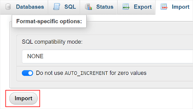 Facendo clic sul pulsante Importa su phpMyAdmin